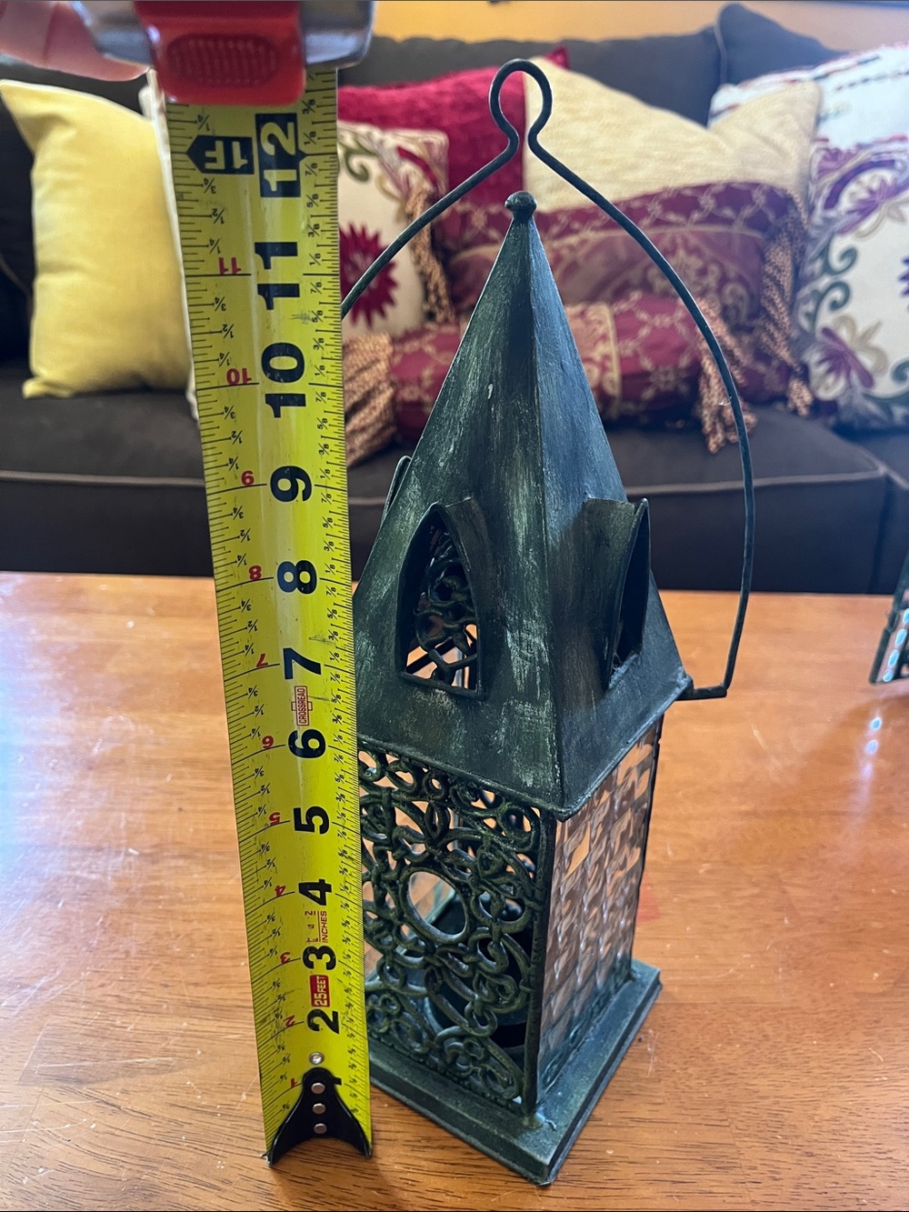 Decorative Green Metal and Glass Cathedral Style 12”H Lantern Filigree Detailing - Picture 13 of 15